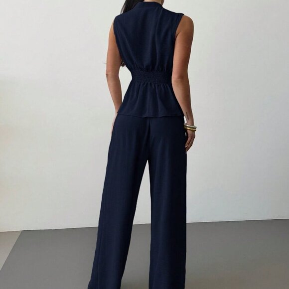 navy blue Elegant Women's Surplice Sleeveless Belted Blouse & Wide leg Pant Set - Picture 2 of 7